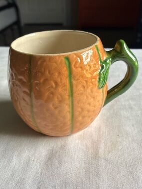 Hand-Painted Orange Ceramic Pumpkin Mug with Green Handle Rare